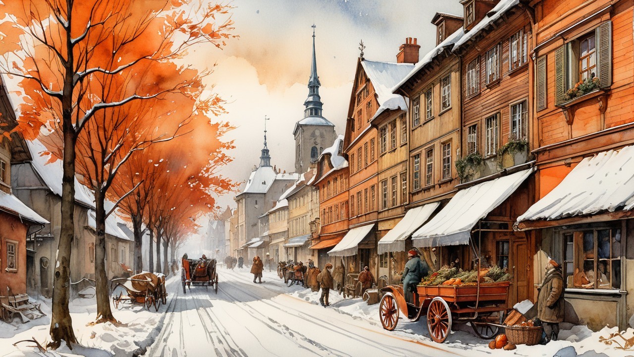 Charming Winter Village Scene with Rustic Buildings