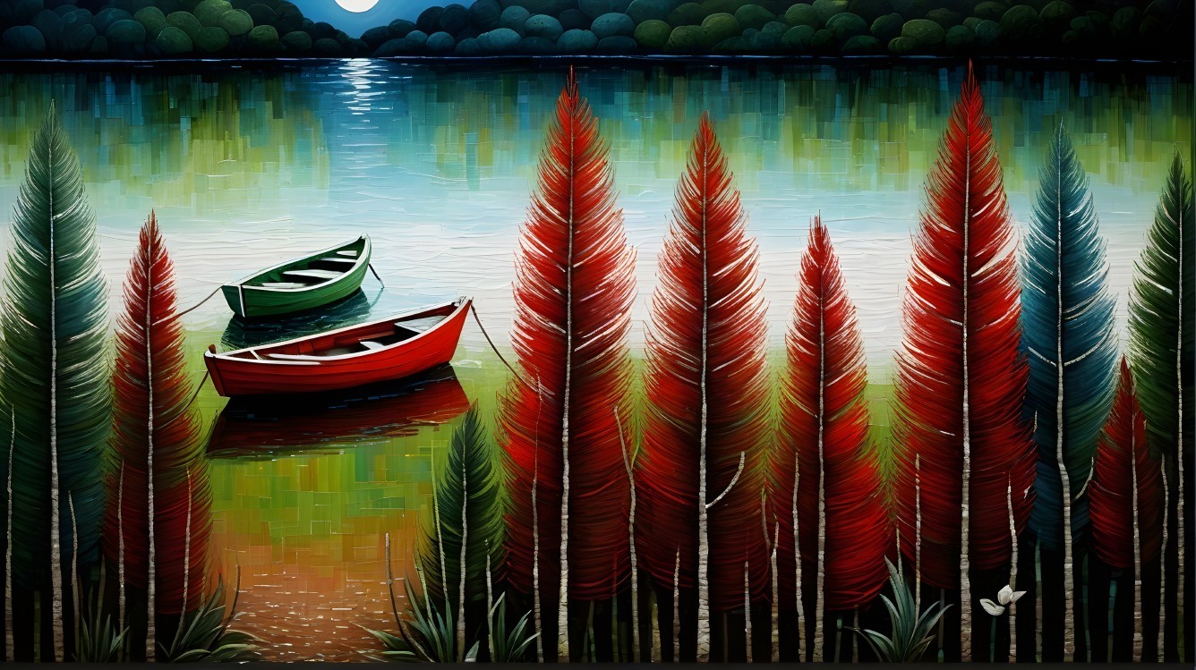 Colorful Boats on Tranquil Waters in Serene Landscape