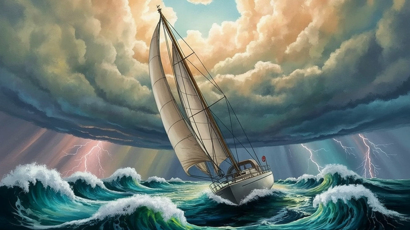 Sailboat Navigating Stormy Waves Under Dark Clouds