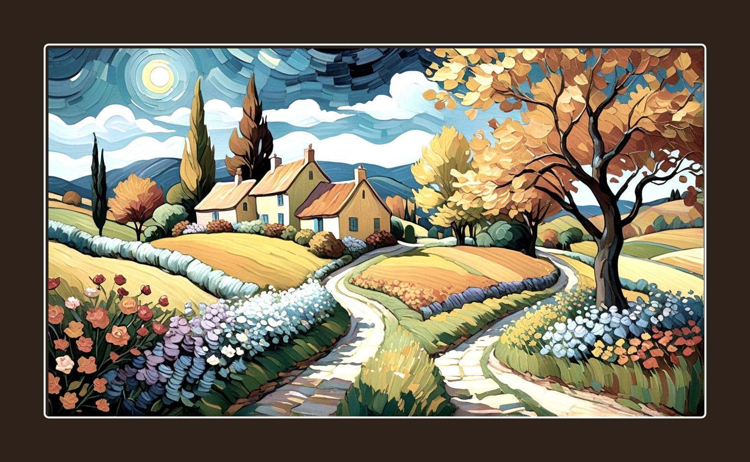 Serene Autumn Landscape with Quaint Cottage and Foliage