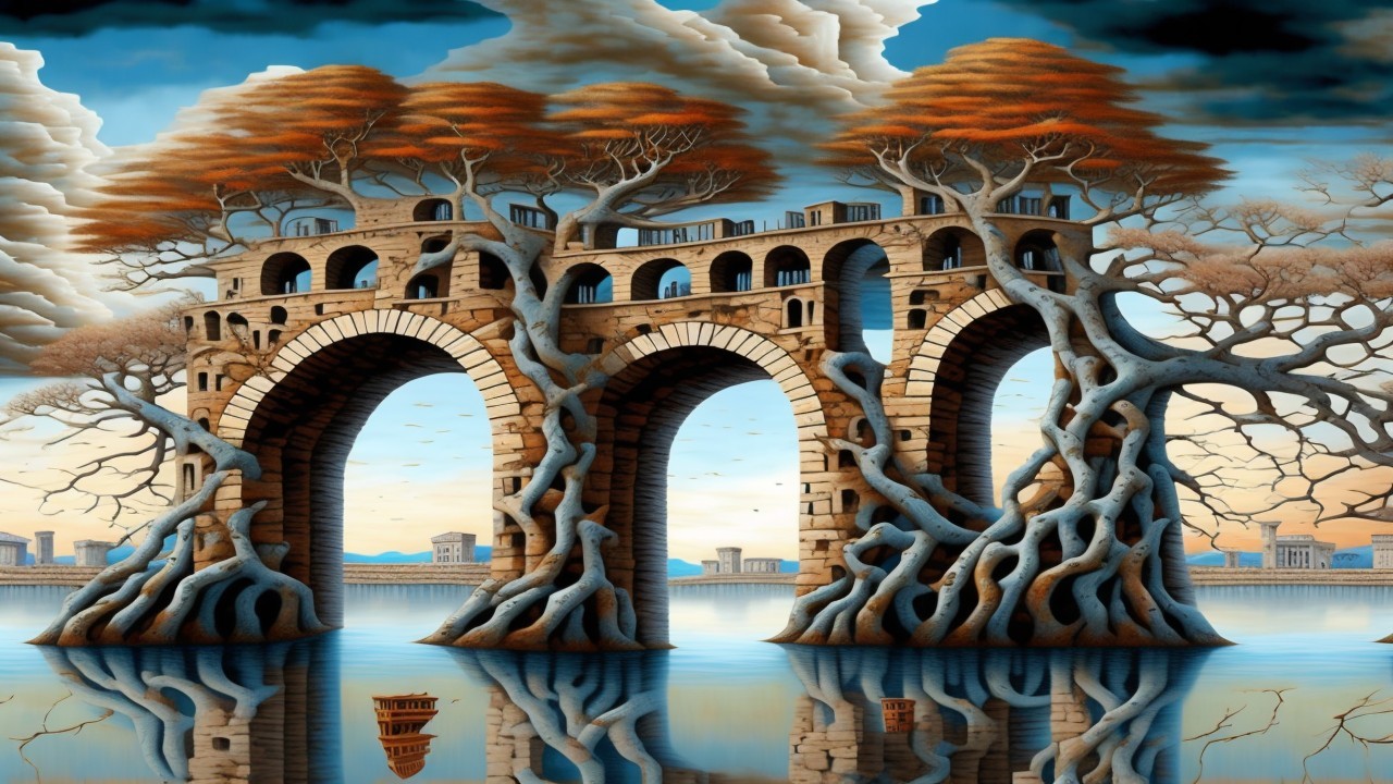 Surreal Landscape with Stone Bridge and Autumn Trees