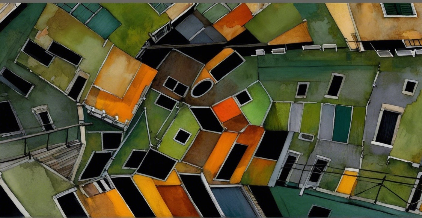 Aerial View of a Colorful Village in Watercolor