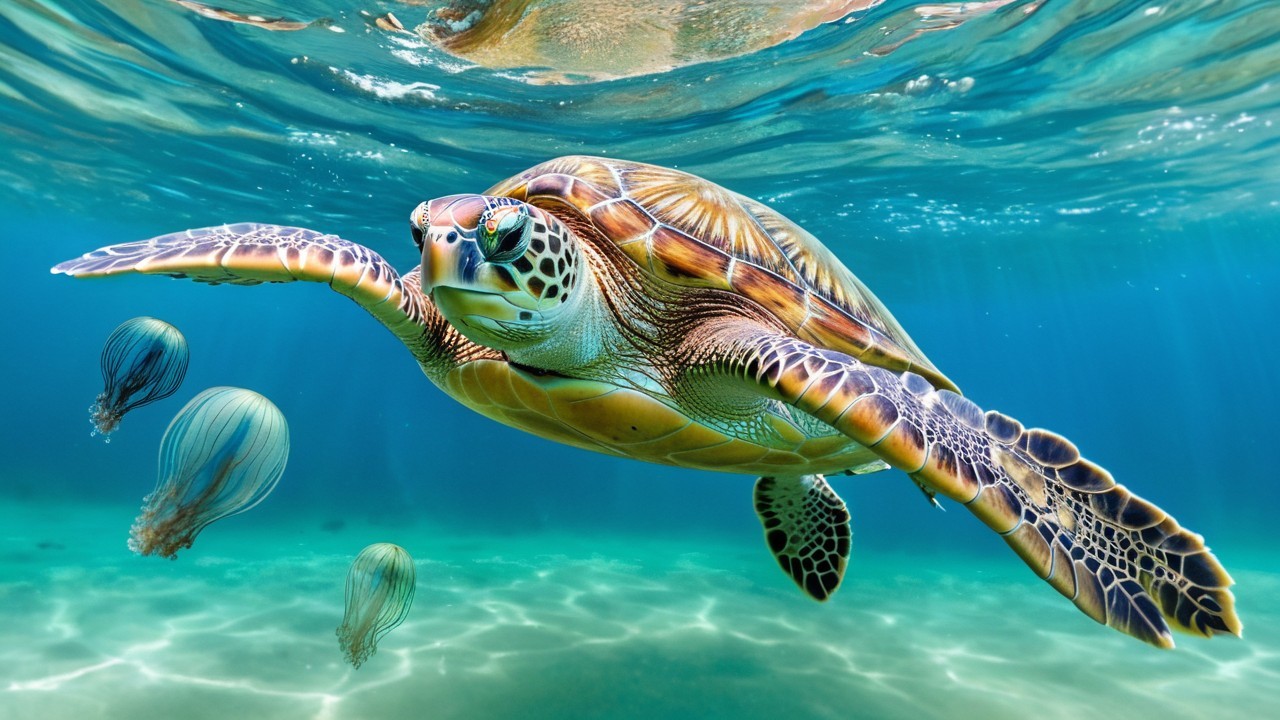 Majestic sea turtle and jellyfish in turquoise waters