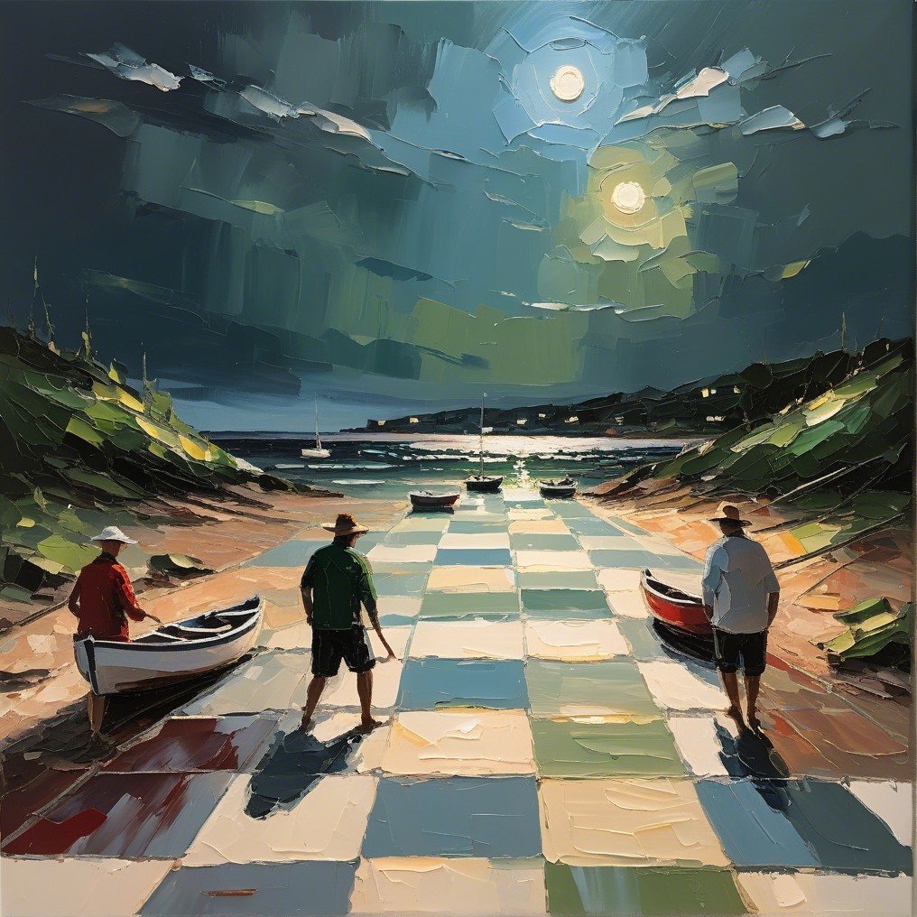 Three Figures on a Beach Under Two Moons