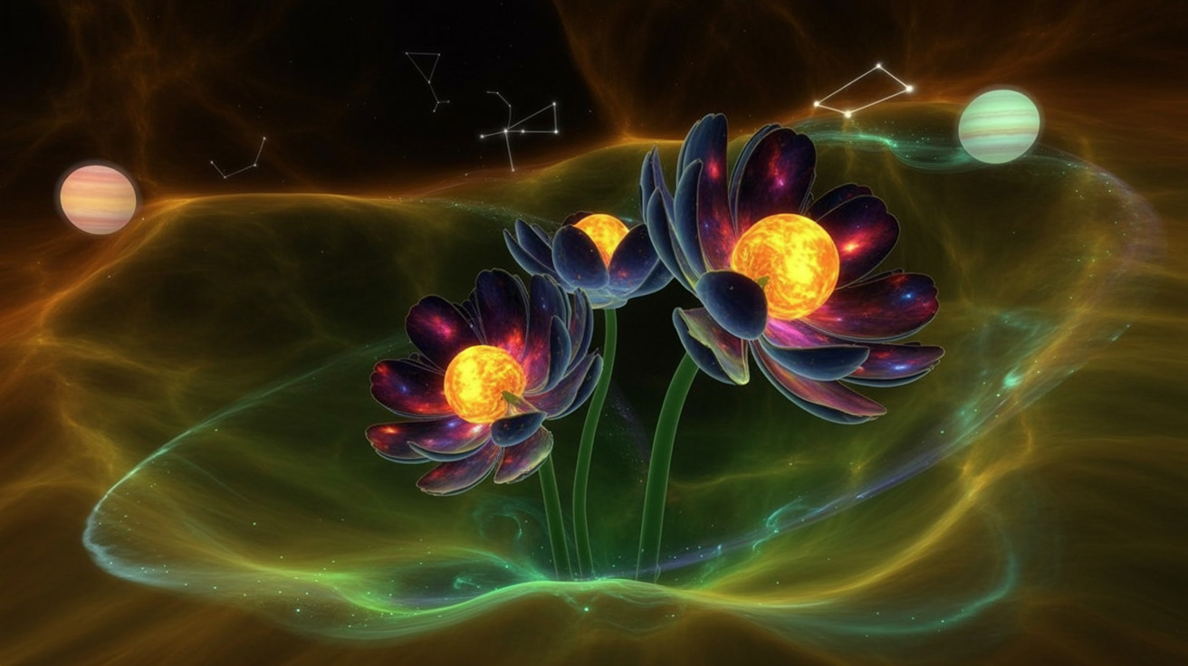 Vibrant Flowers Blooming in a Cosmic Background