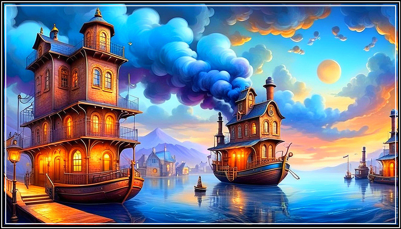 Charming Wooden Buildings by Serene Waterfront at Sunset