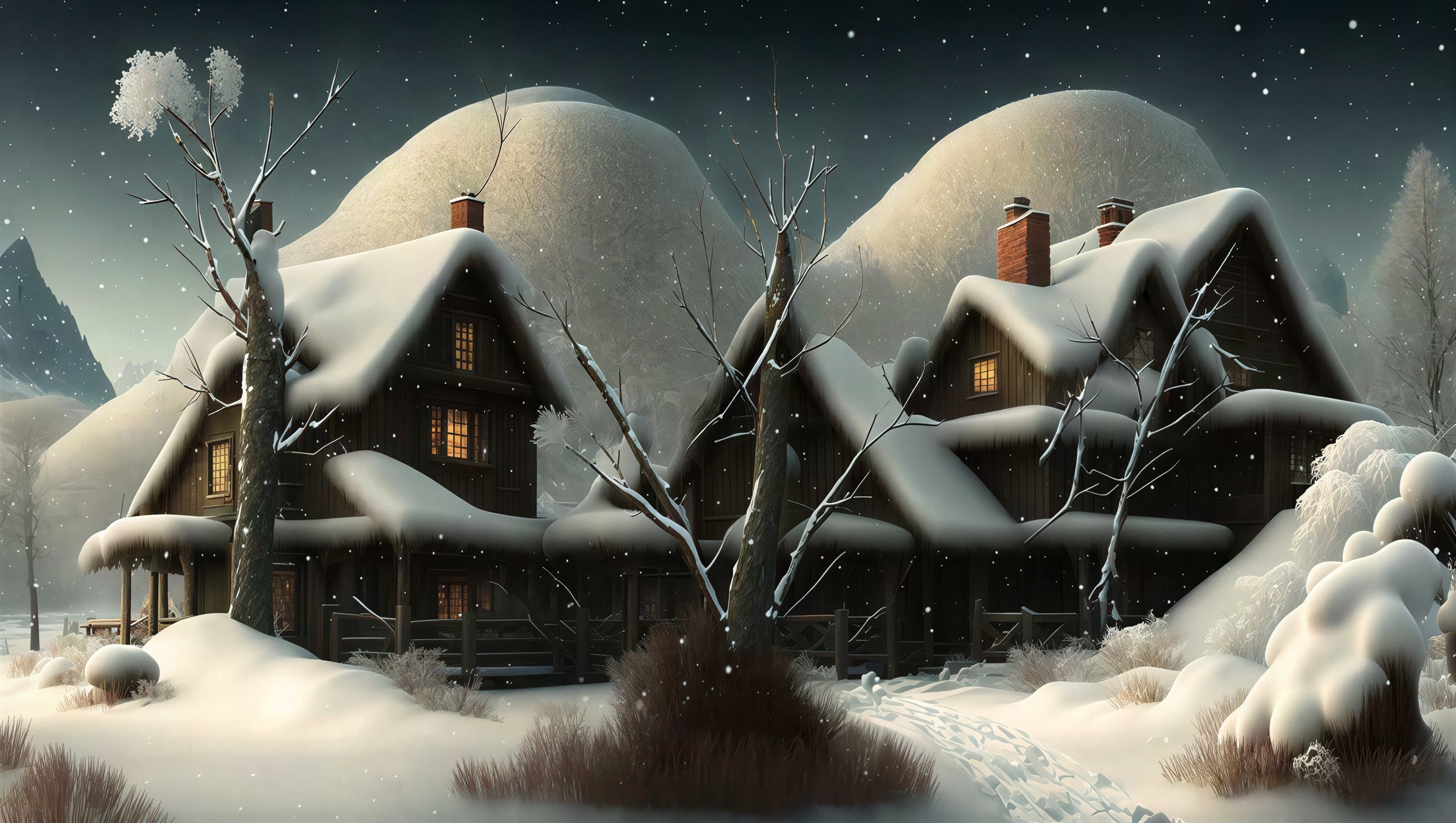 Winter Wonderland with Wooden Cabins and Snowy Trees