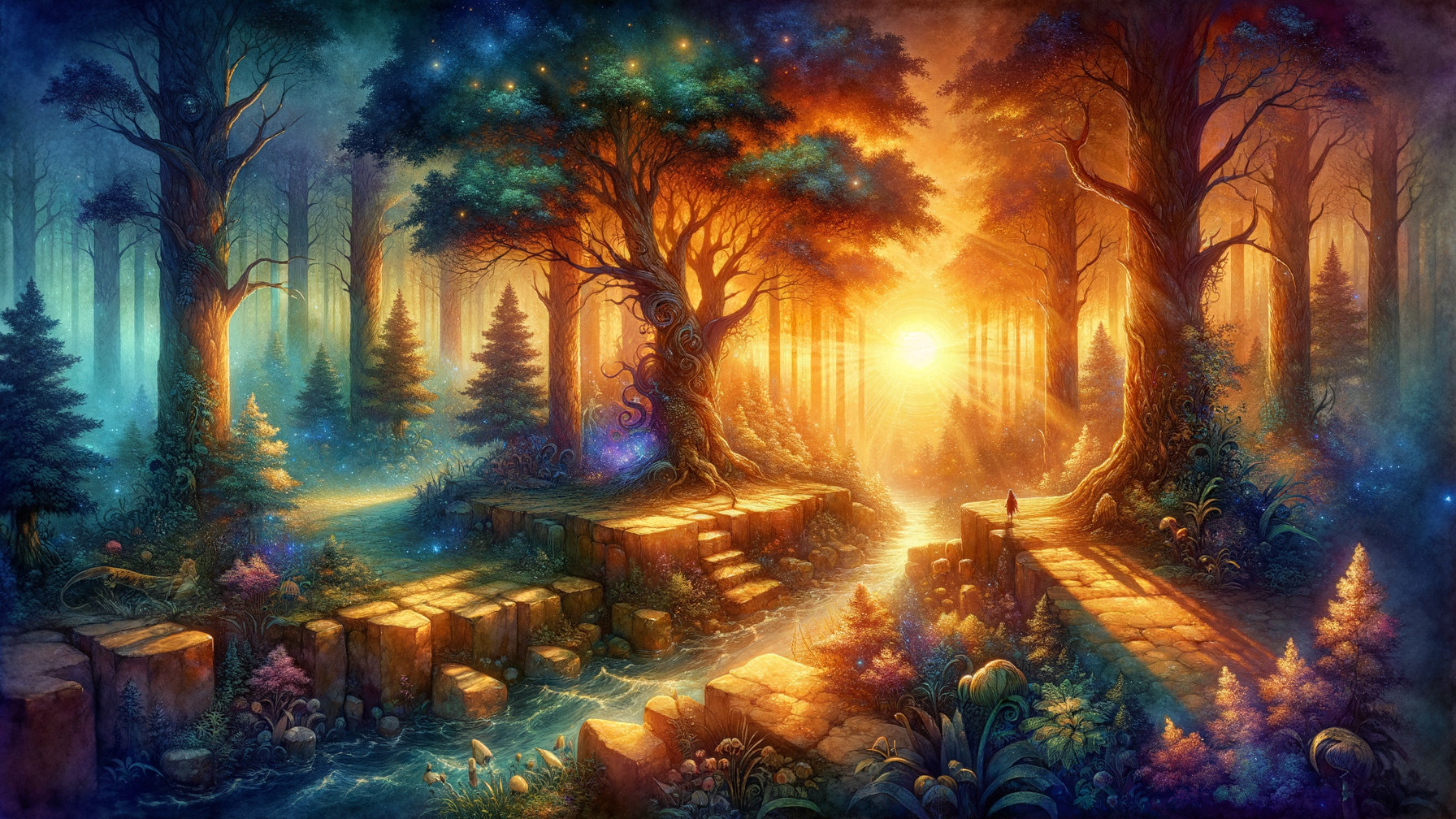 Mystical forest scene with vibrant trees and stream