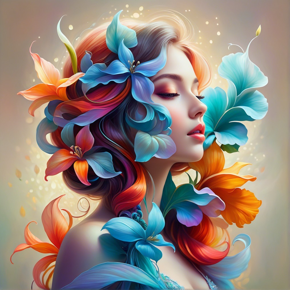 Serene Woman with Flowing Hair and Vibrant Flowers
