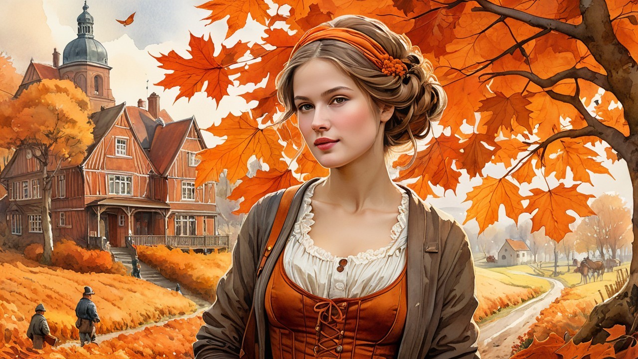 Autumn Landscape with Young Woman in Traditional Dress