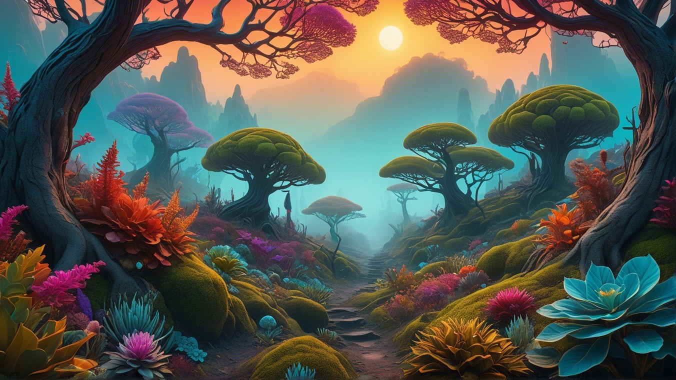 Vibrant Fantastical Landscape with Whimsical Trees