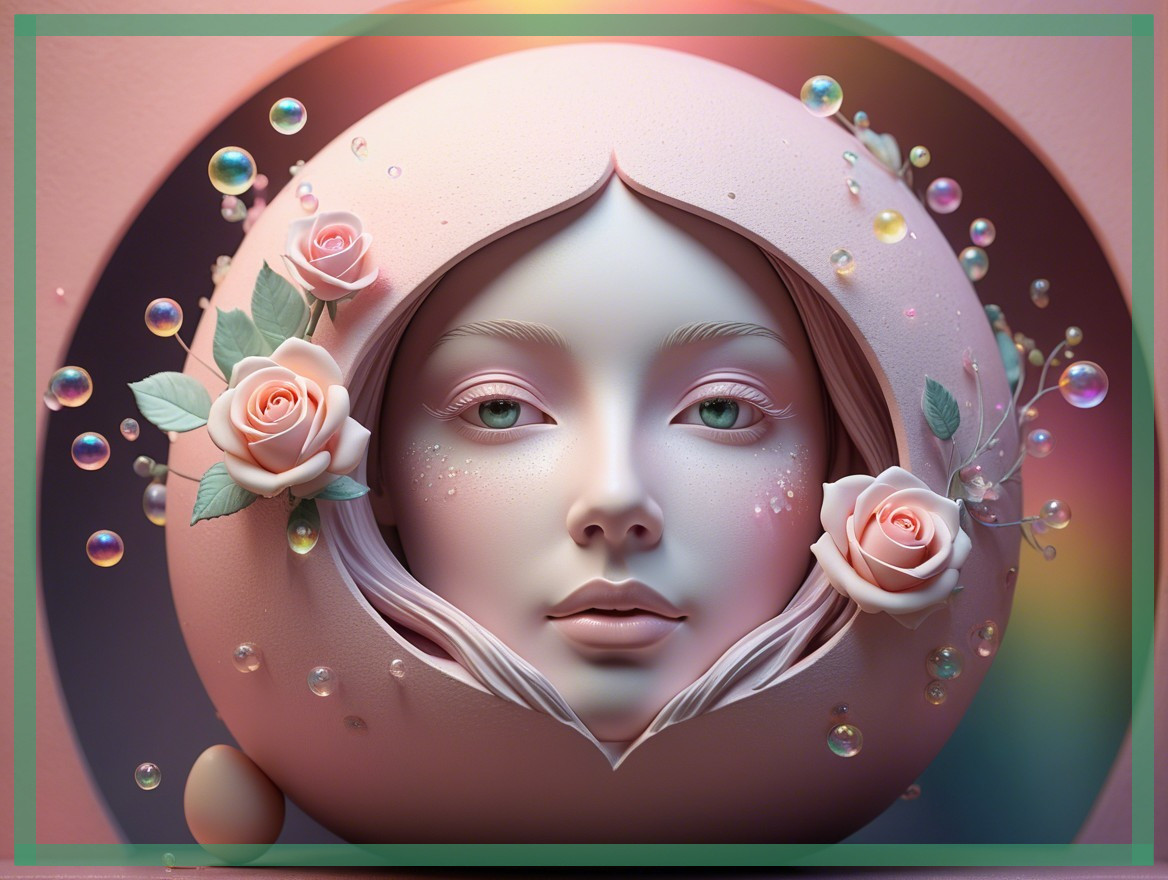 Ethereal Portrait with Roses and Dreamlike Bubbles