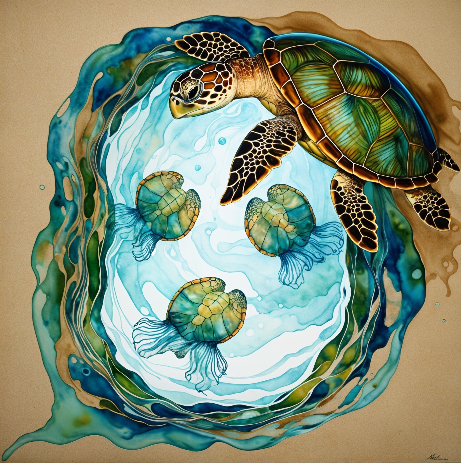 Detailed Illustration of Sea Turtles in Turquoise Waters