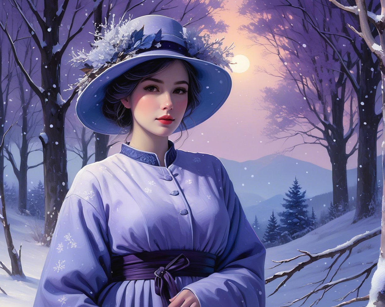 Woman in Light Blue Dress in Winter Landscape