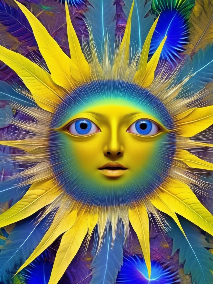 Surreal Sun with Colorful Foliage and Radiant Rays