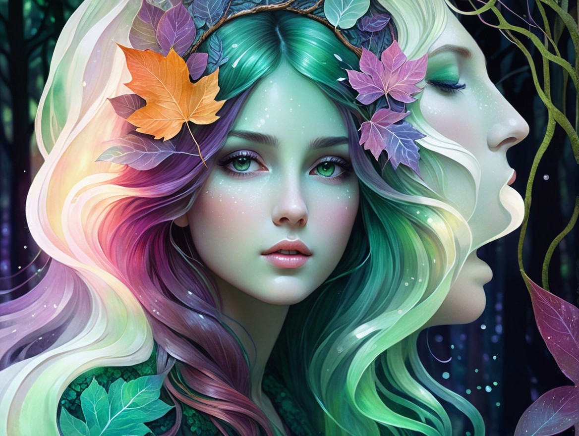 Ethereal Woman with Green Hair in Enchanted Forest