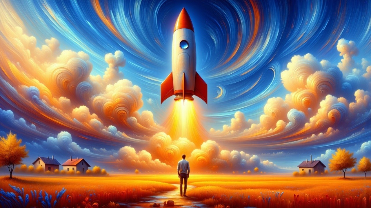 Retro Rocket Launch in Colorful Sky Over Landscape