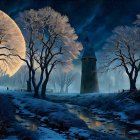 Serene Winter Landscape with Moonlit Trees and Snow