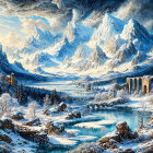 Winter Landscape with Snow-Capped Mountains and River