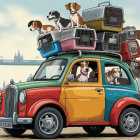 Colorful Vintage Car with Dog Cages in Urban Setting