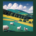 Vibrant Landscape with Hills, Flowers, and Sheep