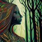Ethereal Woman with Green Hair in Enchanted Forest