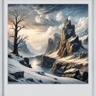 Serene Winter Landscape with Sunset and Snowflakes