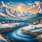 Serene Winter Landscape with Snow-Covered Cottages