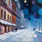 Impressionistic Winter Streetscape with Moonlit Snow