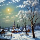 Serene Winter Landscape with Moonlit Village Scene