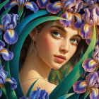 Young woman with blue eyes and purple irises backdrop