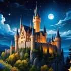 Majestic castle on a hill under a starry night sky