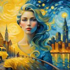 Portrait of a Woman with Colorful Cityscape Background