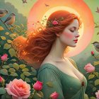 Young woman in serene forest with doves and mist