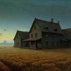 Rustic farmhouse in golden field at dusk with birds