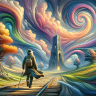 Surreal painting of person on train tracks near cathedral