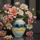 Ornate Blue Glass Vase with Flower Arrangement Display