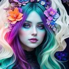 Digital painting of a woman with red hair and teal leaves