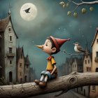Whimsical Scene of a Boy, Moon, and Colorful Houses