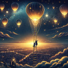 Couple Embracing on Ladder Amidst Hot Air Balloons