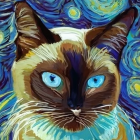Stylized Cat with Blue Eyes in Starry Night Scene