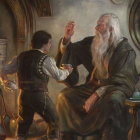 Realistic Oil Painting of Older Man in Abstract Setting