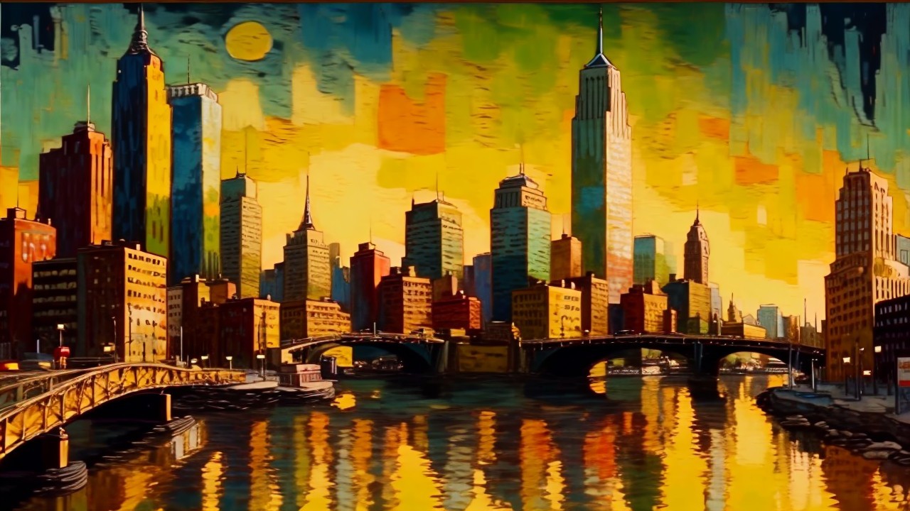 Vibrant Cityscape at Sunset with Skyscrapers and Bridge
