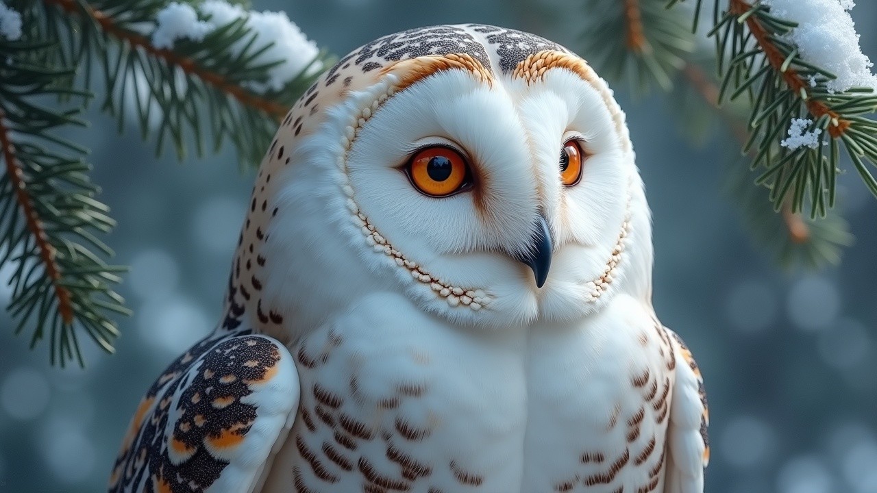 Owl on Snow-Dusted Pine Branches in Winter Landscape