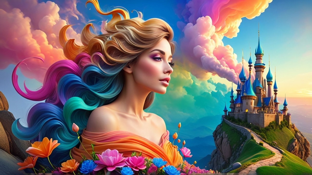 Woman with Pastel Hair in a Colorful Fantasy Scene