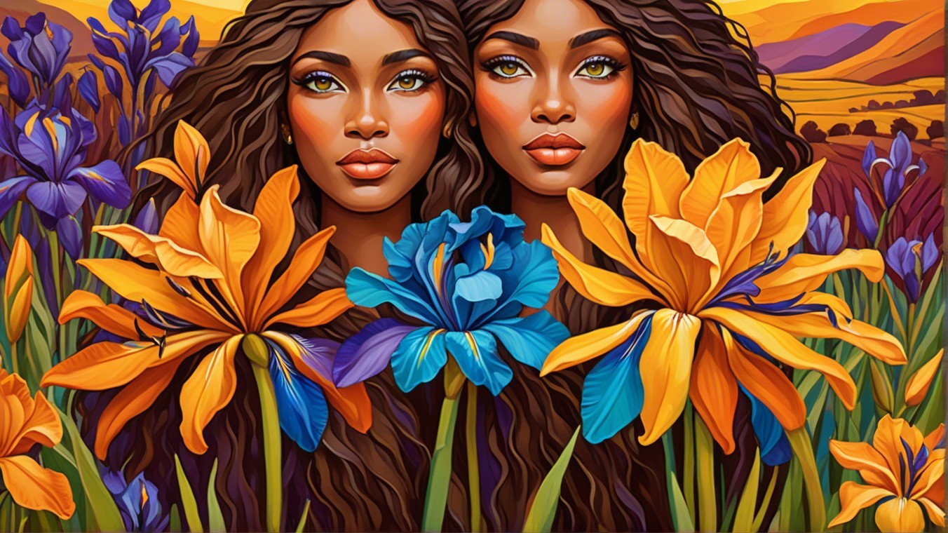 Elegant female figures amidst vibrant floral backdrop