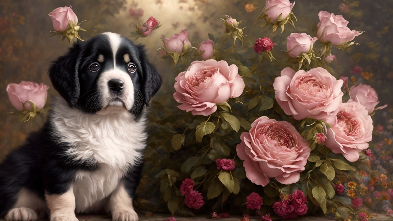 Fluffy Black and White Puppy with Pink Roses