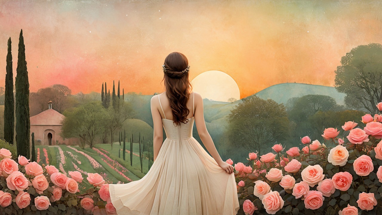 Woman in White Dress at Vibrant Sunset in Rose Garden