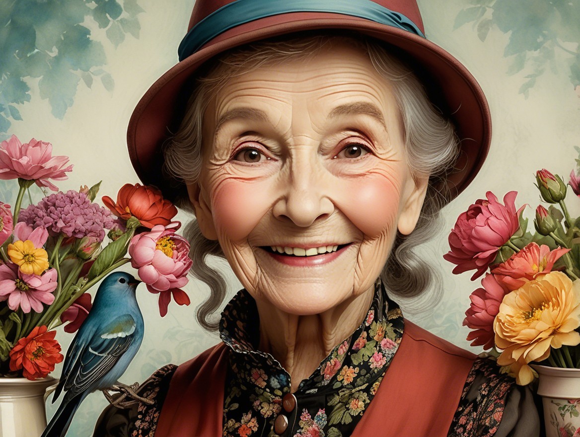 Elderly Woman Surrounded by Flowers and a Bluebird