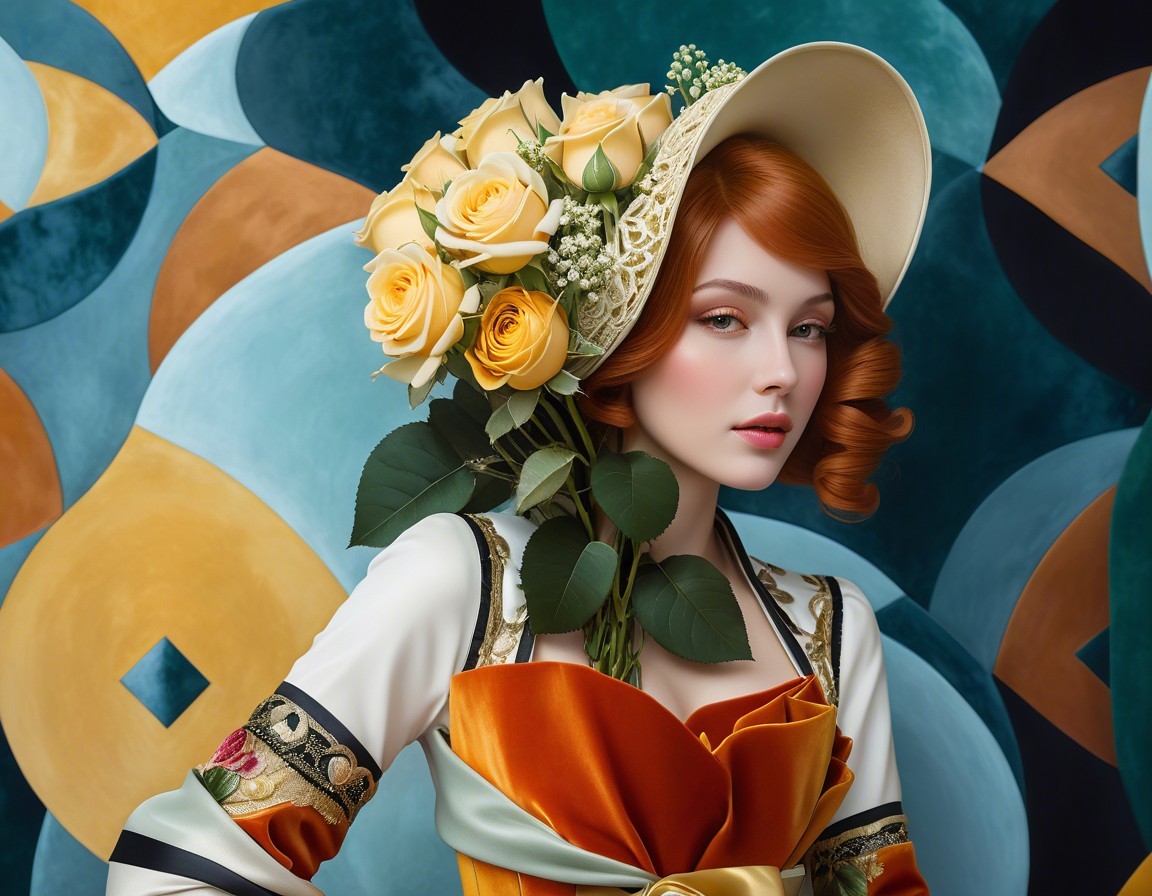 Elegant Woman with Red Curls and Geometric Patterns